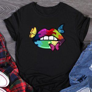 NWOT Plus Size Butterfly Lip Print Black T-shirt